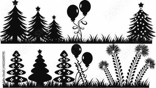 Silhouette christmas trees with star toppers and balloons in a festive landscape with grass and flowers