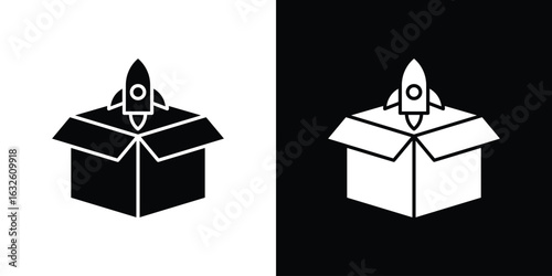 Product release icon in flat style, filled black symbol