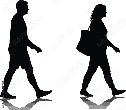 Silhouettes of two people walking, casual outfits, urban reflection, street scene, modern style, black and white minimalist illustration, daily life