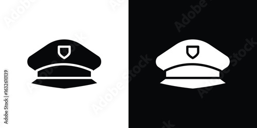 Police cap icon in flat style, filled black symbol