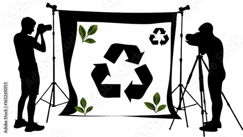 Two photographers capturing a recycling symbol backdrop with leaves in a studio setting with tripods silhouette