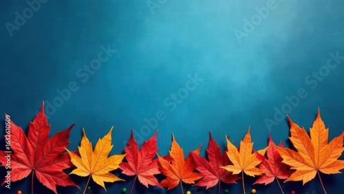 Blue autumn background with beautiful orange and red maple leaves, fall season, template with place for text