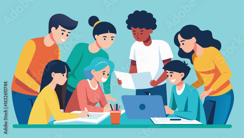 A group of students gathered around a table working on a group project.