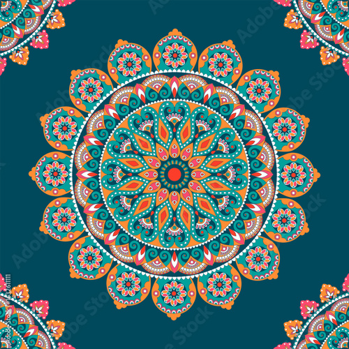 Teal mandala pattern. Vintage Ornament, colorful and intricate vector design. Decorative elements, Festival, Indian, Turkish, Pakistan, ottoman motifs. Circular design for print.