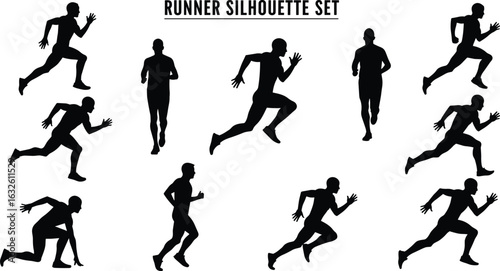 Runner silhouette set, jogging and sprinting icons, posture variation pack, editable black vector artwork for fitness, sports, and motion themes