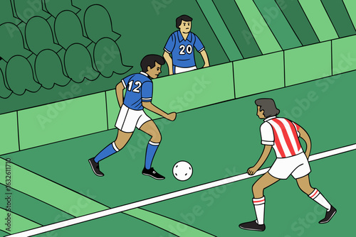Exciting soccer match scene. blue team on the attack, passing and dribbling during a major league championship game.