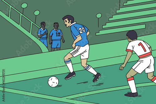Exciting soccer match scene. blue team on the attack, passing and dribbling during a major league championship game.