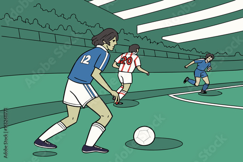Exciting soccer match scene. blue team on the attack, passing and dribbling during a major league championship game.