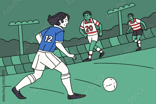 Exciting soccer match scene. blue team on the attack, passing and dribbling during a major league championship game.