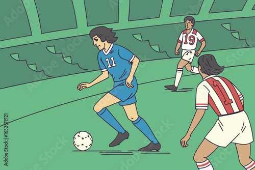 Exciting soccer match scene. blue team on the attack, passing and dribbling during a major league championship game.