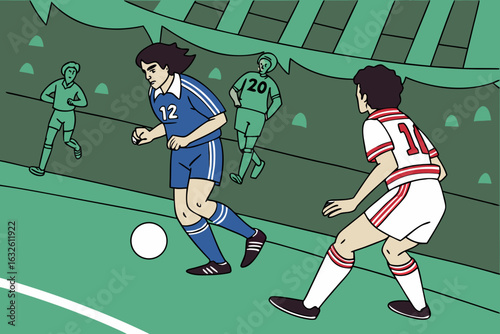 Exciting soccer match scene. blue team on the attack, passing and dribbling during a major league championship game.