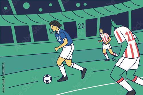 Exciting soccer match scene. blue team on the attack, passing and dribbling during a major league championship game.