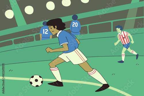 Exciting soccer match scene. blue team on the attack, passing and dribbling during a major league championship game.