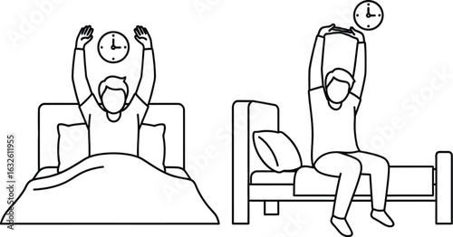 Morning routine wake up early stretch in bed vector outline