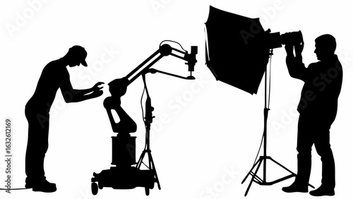 Silhouette of a man working on a robotic arm while another man photographs the scene with studio lighting