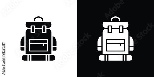 Hiking backpack icon in flat style, filled black symbol