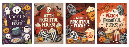 Set of four vibrant Halloween posters featuring ghosts pumpkins skeletons and festive popcorn