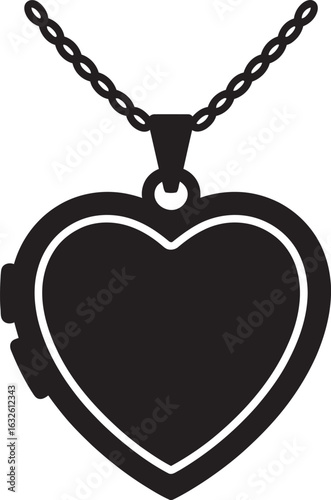 Minimalist black silhouette of a heart-shaped locket necklace with a hinge and link chain.