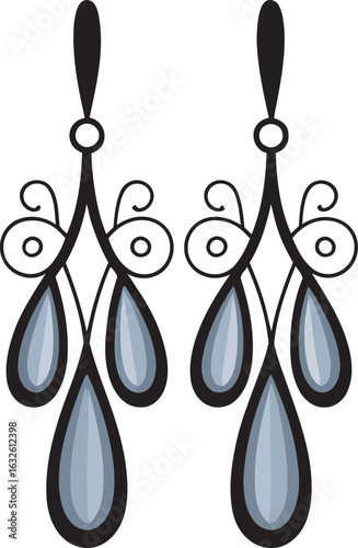 Ornate black outlined chandelier earrings with layered blue teardrop elements