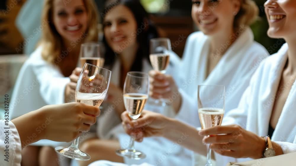 Group women in white robes is celebrating with champagne. They are holding champagne flutes filled with sparkling wine, smiling, in relaxed, celebratory atmosphere. Group women in white robes is celebrating with champagne. They are holding champagne flutes filled with sparkling wine, smiling, in relaxed, celebratory atmosphere.