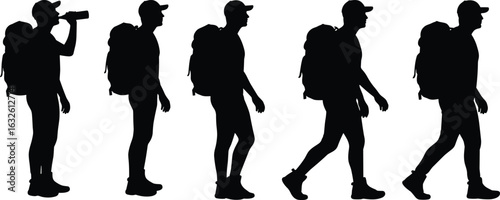 Walking silhouettes with backpack and cap, drink gesture icons, posture variation vector, black editable lifestyle set for active themes