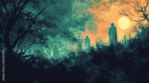 Ethereal figures in a misty landscape under a glowing moon, creating a mysterious atmosphere.