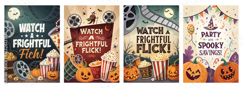 Set of four posters for spooky movie night with pumpkins popcorn film reels and Halloween decor
