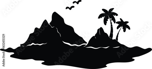 Tropical Island Silhouette with Palm Trees Mountains and Birds, White Background