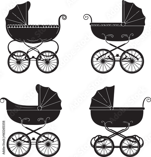 Four vintage baby prams in black silhouette stroller
