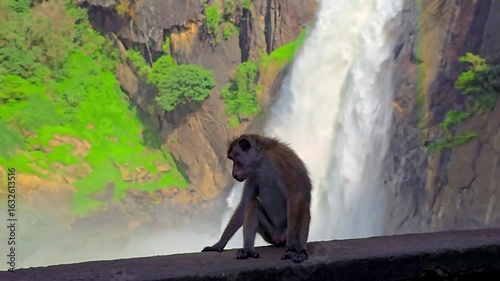 4K footage of a toque macaque monkey sits on a rock in front of a majestic tropical waterfall in Sri Lanka.