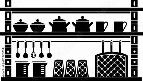 Kitchenware on shelves featuring pots bowls cups utensils and oven mitts in a black and white illustration silhouette