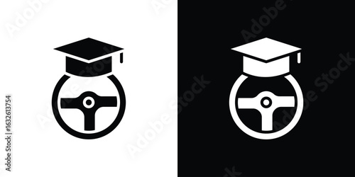 Driving school icon in flat style, filled black symbol