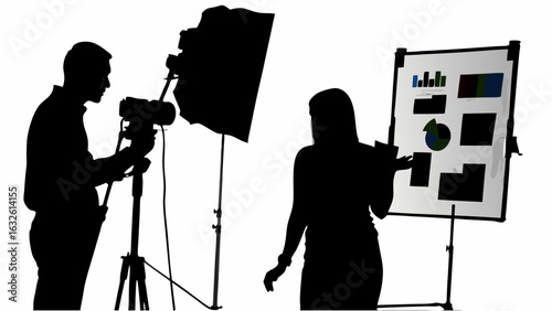Silhouette of photographer with camera and woman presenting graphs on whiteboard in studio setting