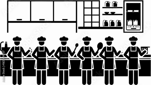 Illustration of six chefs in aprons with kitchen cabinets and appliances in the background scene view silhouette