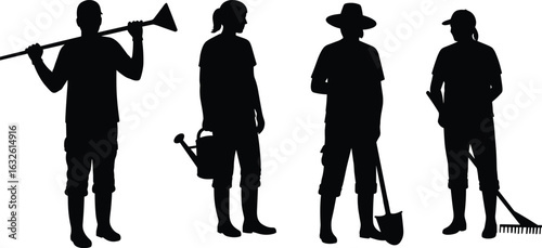 Gardening tools silhouettes, outdoor work poses, hoe shovel rake watering can, casual figures, nature hobby vector, editable lifestyle icons