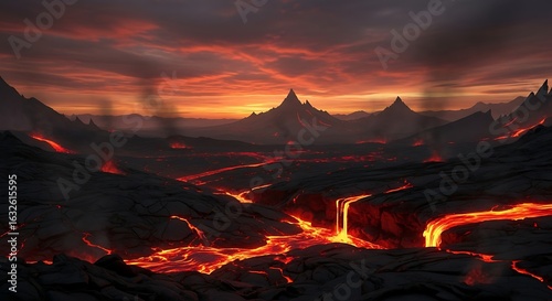 A dramatic volcanic landscape with flowing lava rivers and mountain peaks at sunset.