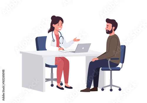 A doctor seated at a desk with a laptop consults with a patient who is seated across from her