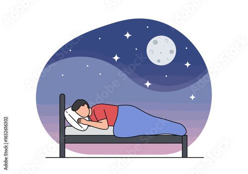 A person sleeps in bed under a night sky with moon and stars