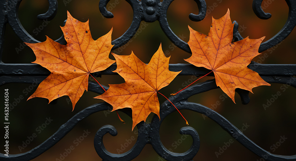 Naklejka premium Three orange maple leaves resting on black wrought iron fence 