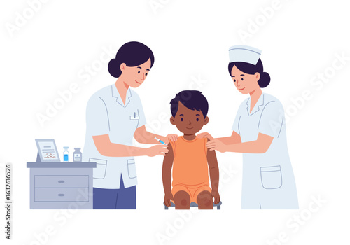 Child getting vaccinated by a nurse another nurse assists medical supplies on side table