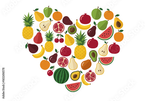 Fruit heart colorful fruits like pineapple watermelon cherries bananas pomegranates pears avocados oranges and apples arranged in a heart shape