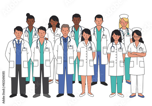 Group of diverse medical professionals stand wearing lab coats  scrubs with stethoscopes