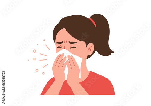 Woman with tissue sneezing indicated by lines and circles near her mouth