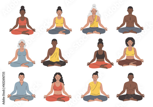 Twelve people of varied ethnicities sit in a meditation pose on a white background