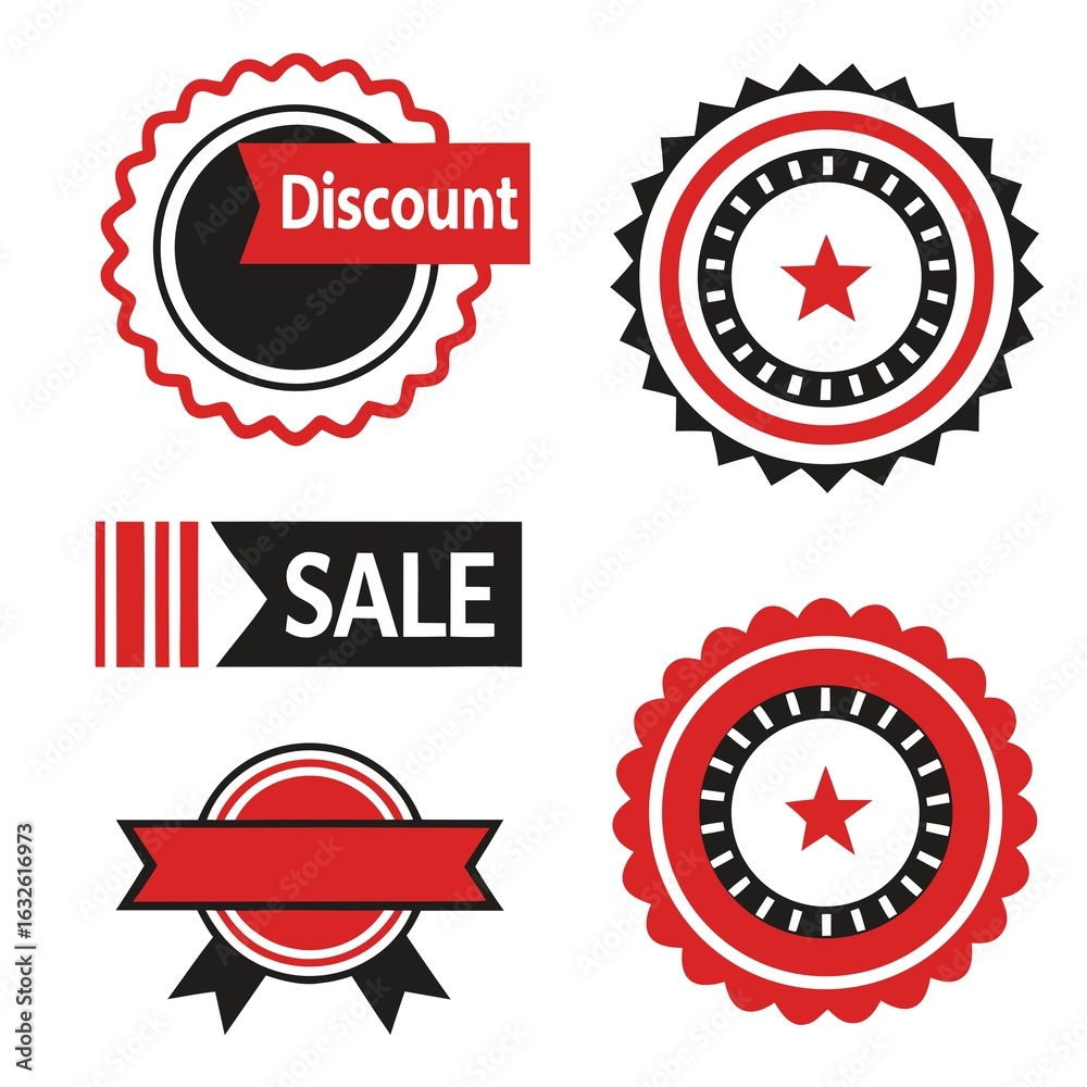 Obraz premium Collection of Stylish Black and Red Promotional Badges for Retail Sales