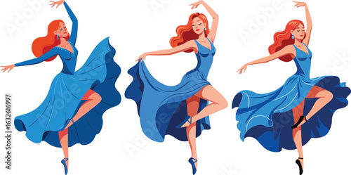 Red Haired Woman Dancing in Flowing Blue Dress Expressive Ballet Movement Set of Three Poses