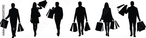 Consumer silhouettes set, walking shoppers with bags, retail lifestyle vector, editable icons pack, black figures artwork, shopping behavior illustration