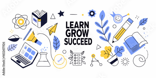 Learn grow succeed motivational illustration with educational icons