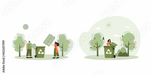 People recycling solar panels and waste in a park setting