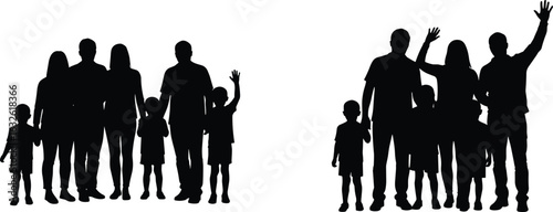 Editable family icons, silhouette vector groups, parents with children, waving gesture, diverse bonding scenes, connection pack, black figures artwork